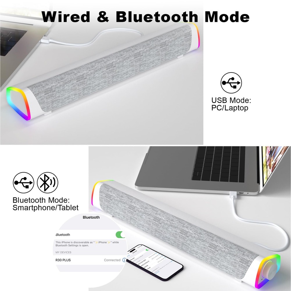 SOULION R30 Plus Bluetooth Computer Speakers, All-in-One Control Button White