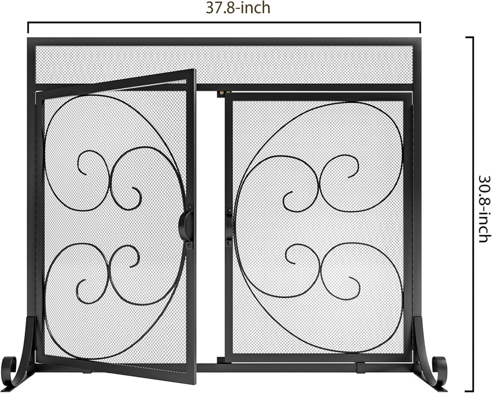 Flat Fireplace Screen with Hinged Doors Handcrafted Wrought Iron Classical Scrol