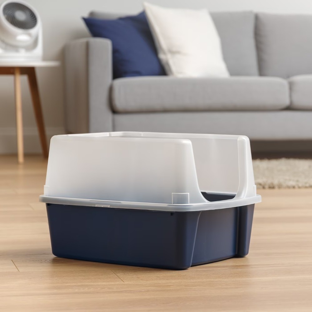 Open Top Cat Litter Box with Shield, Navy