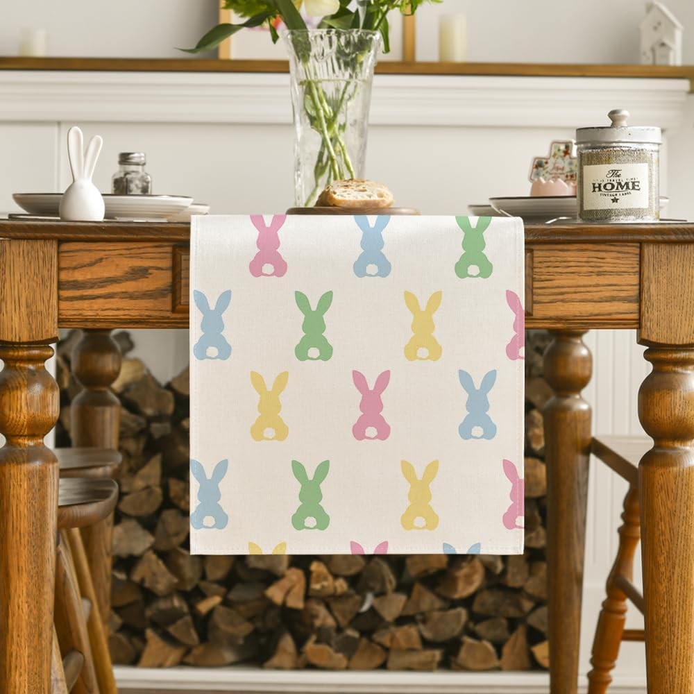 Artoid Mode Green Pink Bunny Rabbit Easter Table Runner, Spring Kitchen Dining T