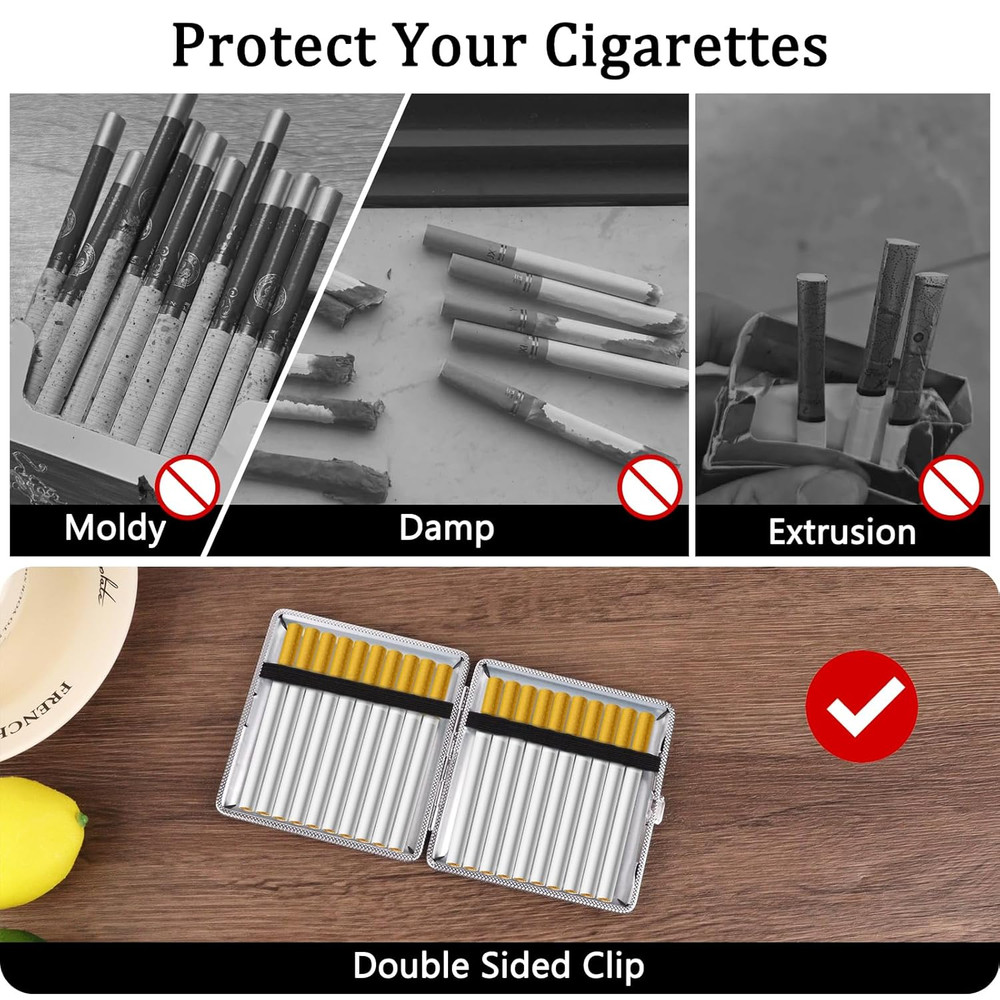 Leather Cigarette Case, Thin Metal Cigarette Case, 20 Capacity for Regular, Elas