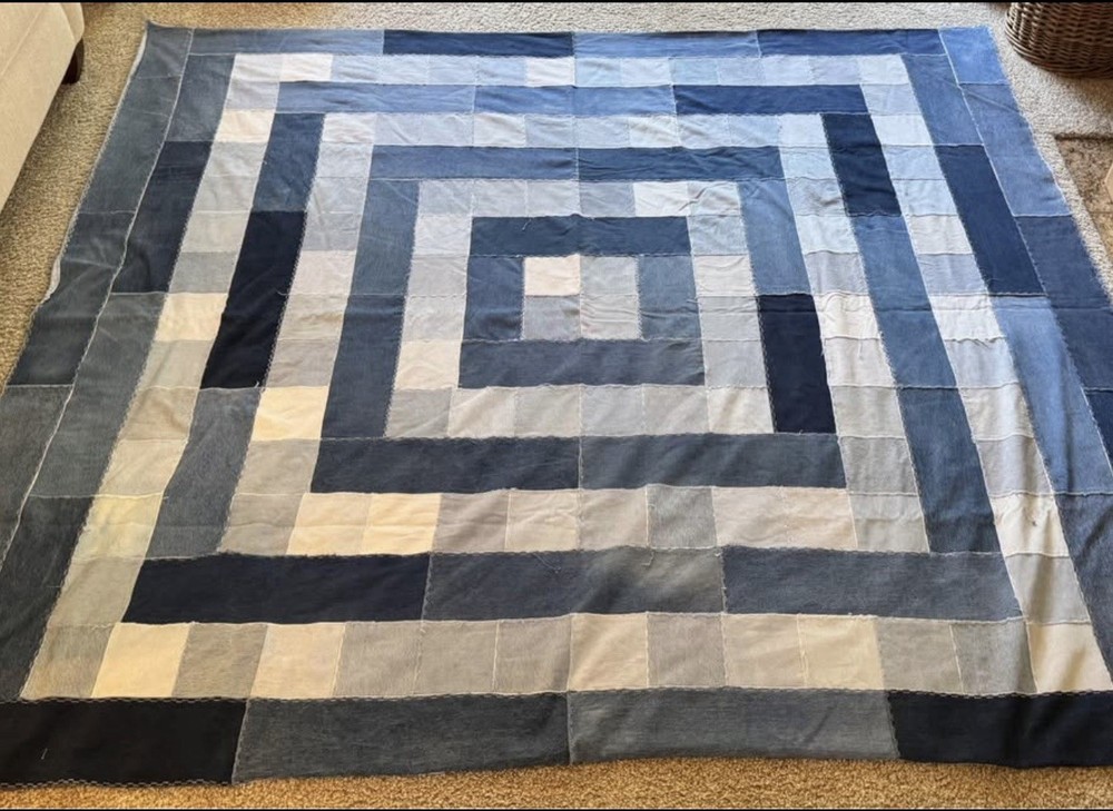Vintage Patchwork Squares Denim Quilt Heavy Unique Mod Geometric