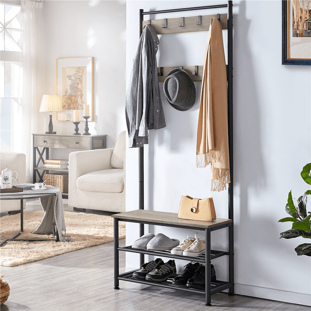 73" Metal Hall Tree W/ Shoe Storage Bench Rustic Gray