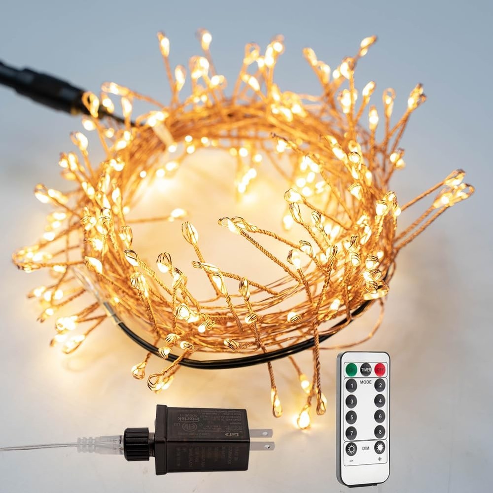 Plug in Firecracker Lights 20FT 200 LED Warm White Copper Wire Indoor Cluster...
