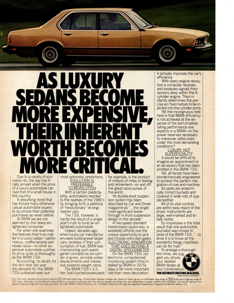 1981 BMW 733i ~ CLASSIC ORIGINAL PRINT AD