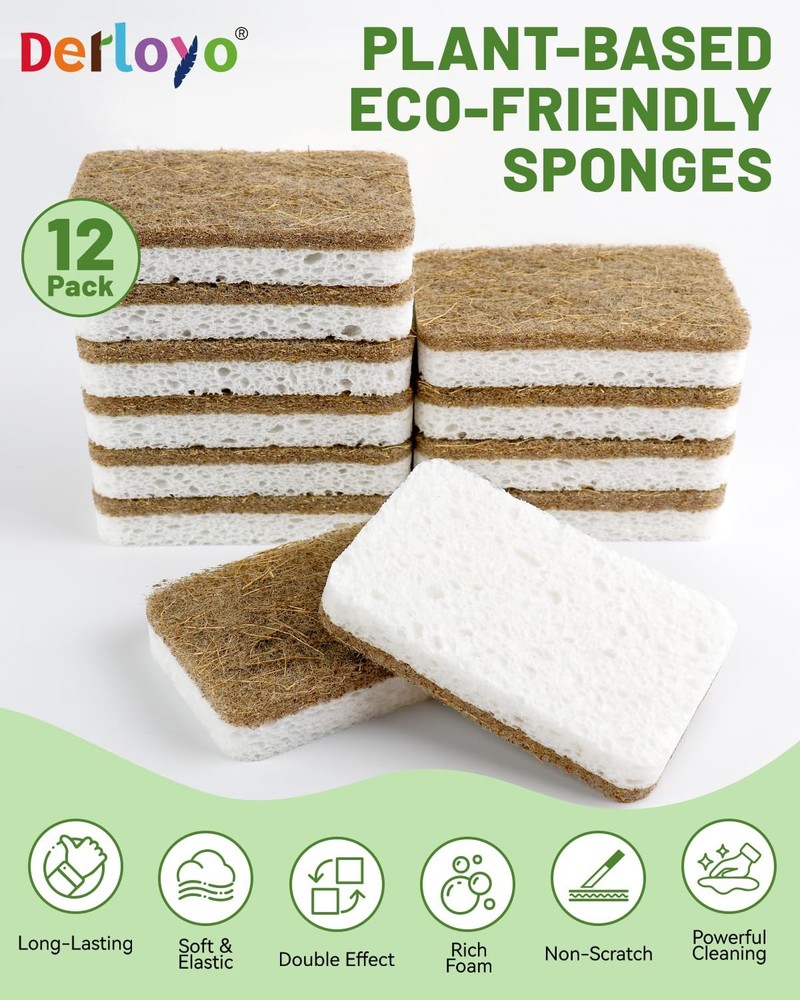 12 Count Plant-Based Kitchen Sponges, Compostable Cellulose Sponge, Biodegrad...