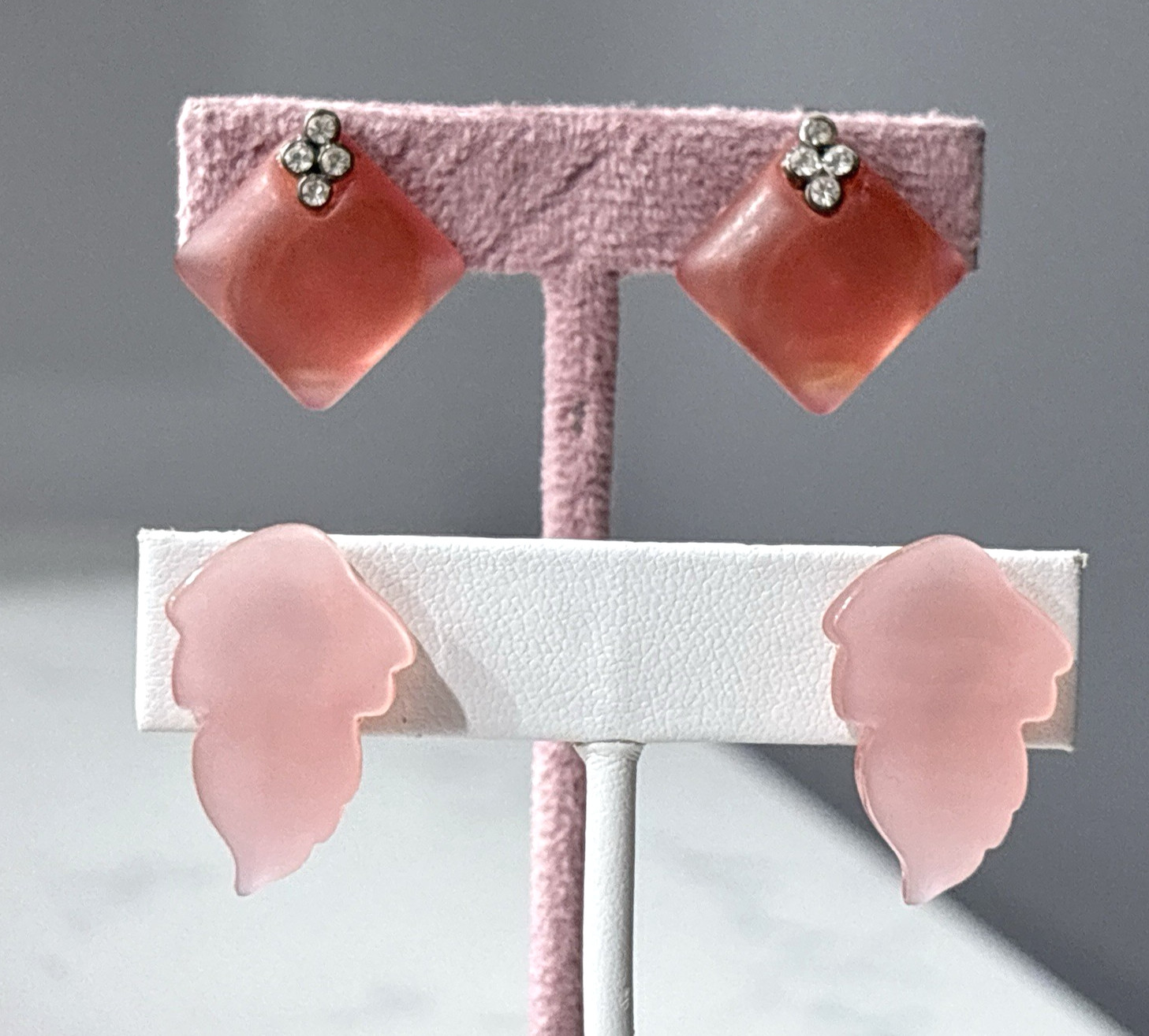 Vintage Clip On Earrings Frosted Lucite Rhinestone Thermoset Pink MCM Lot of 2