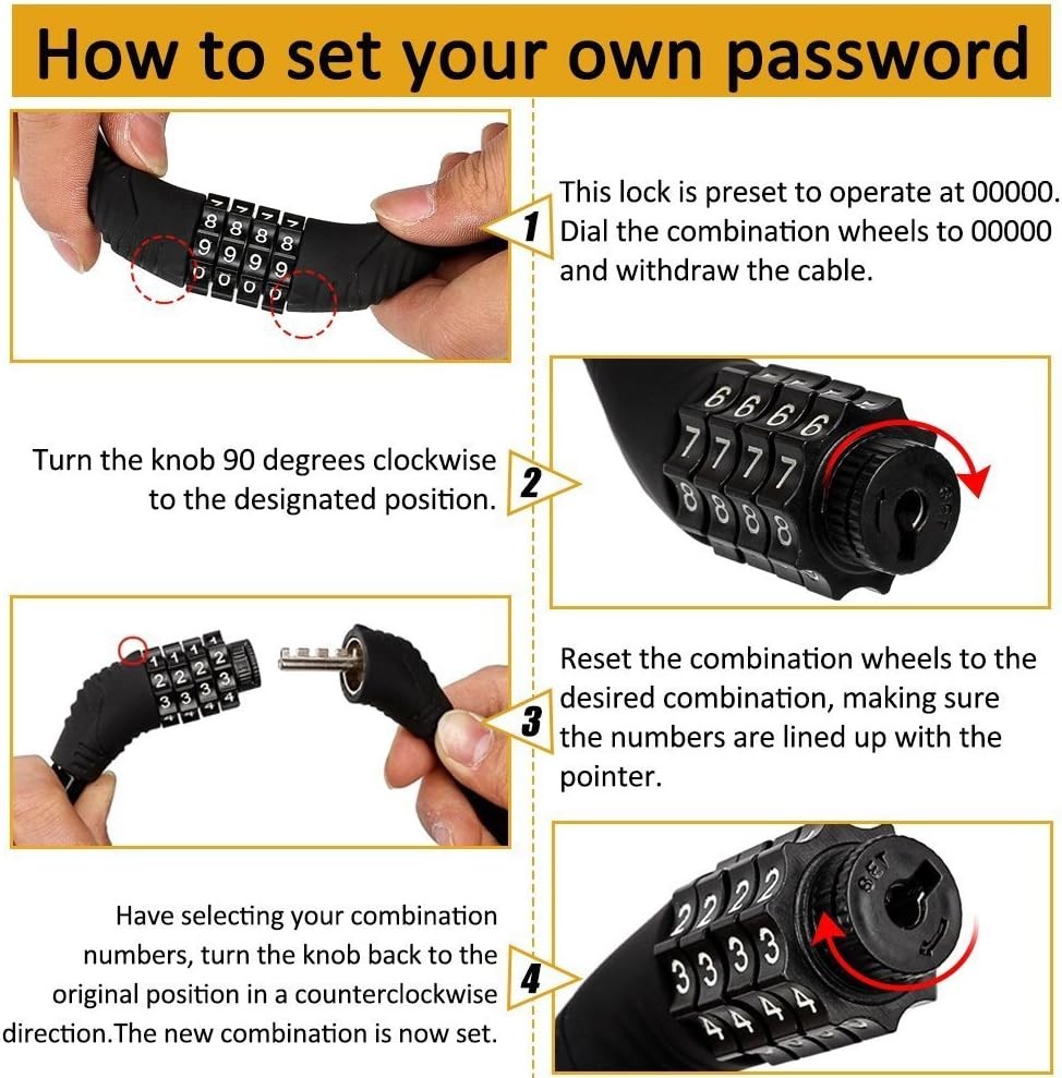 Security Bike Lock 4 Digit Resettable Combination Cable for Black