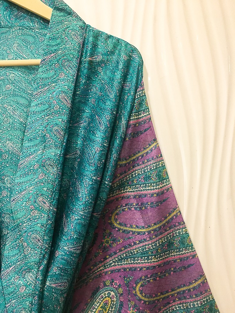 Pure Silk Blue/Green kimono Long Robe Gown Woman Silk Robe Kimono KMO5575