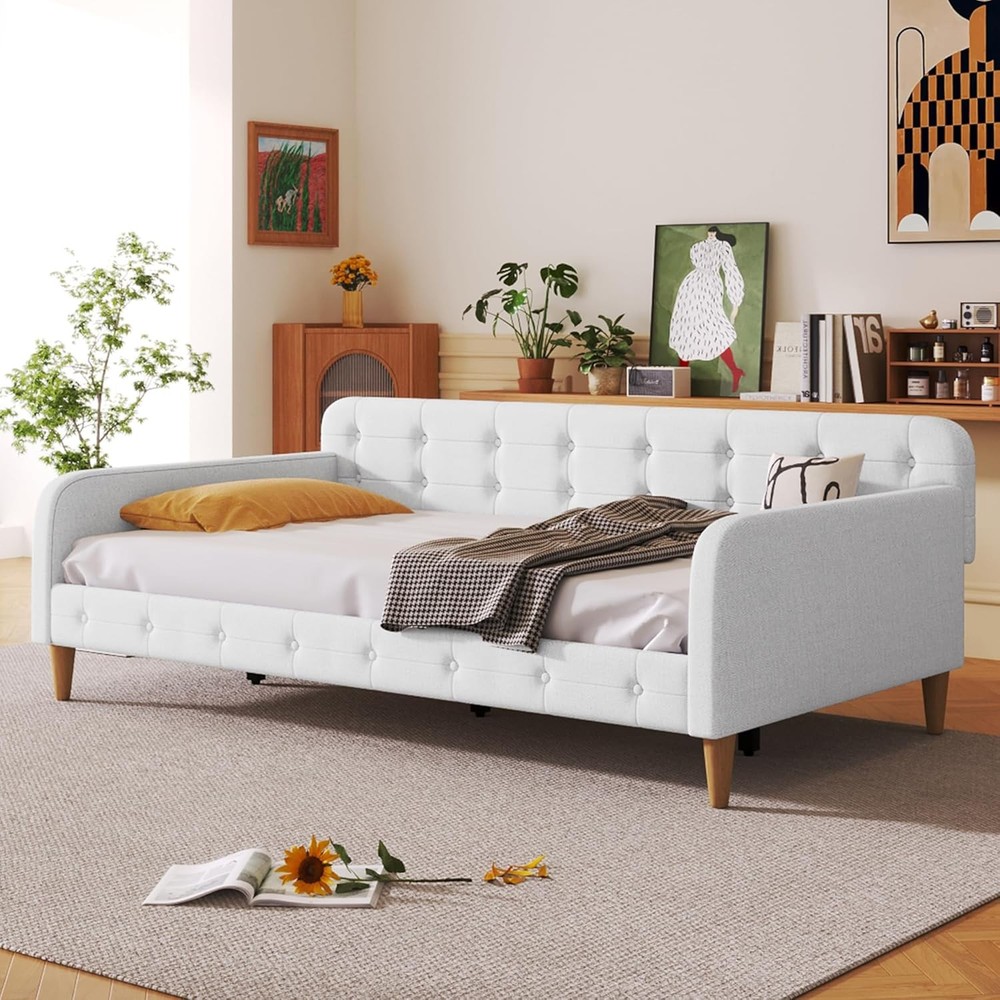 Twin Size Upholstered Daybed W/ 4 Support Legs Linen Sofa Bed Frame W/ Button