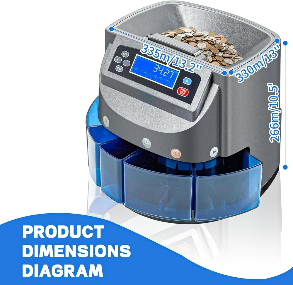 Coin Sorter Machine with LCD Display, 500 Coins Capacity Automatic Coin Sorte...
