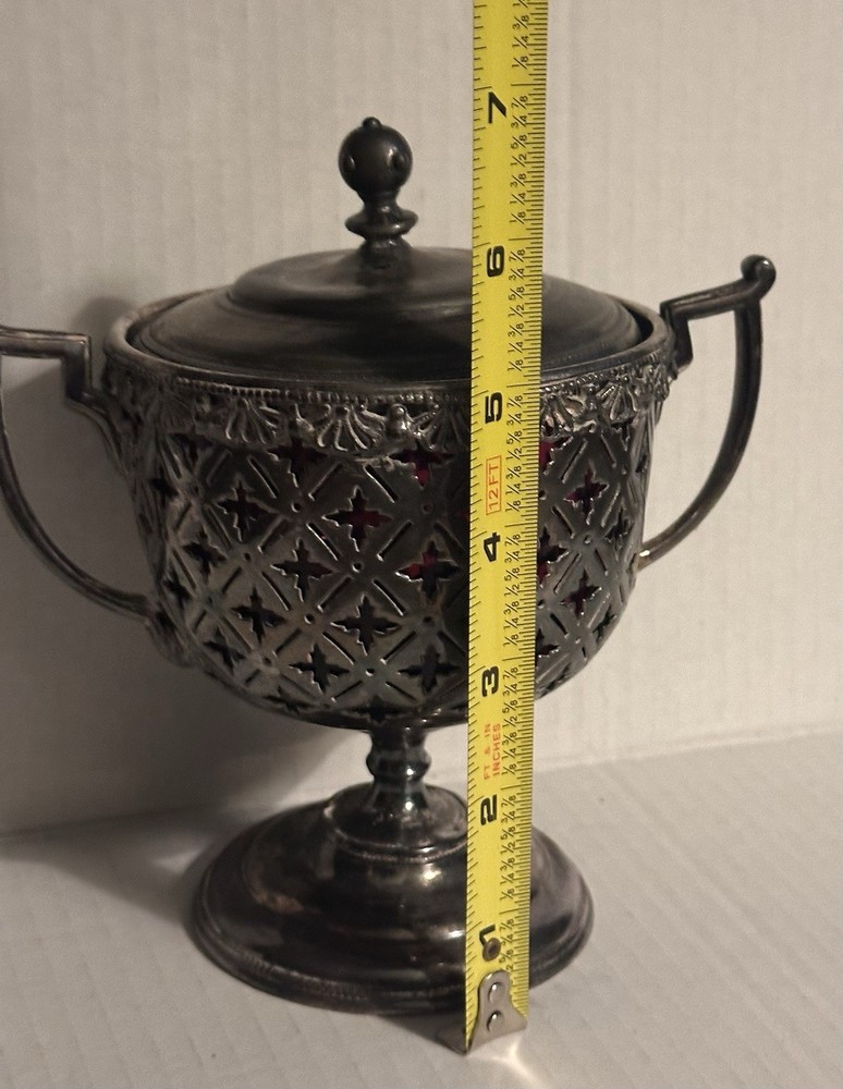 Antique Compote Amethyst Glass Lined 2 Handle Lid Footed Candy Dish Silver Plate