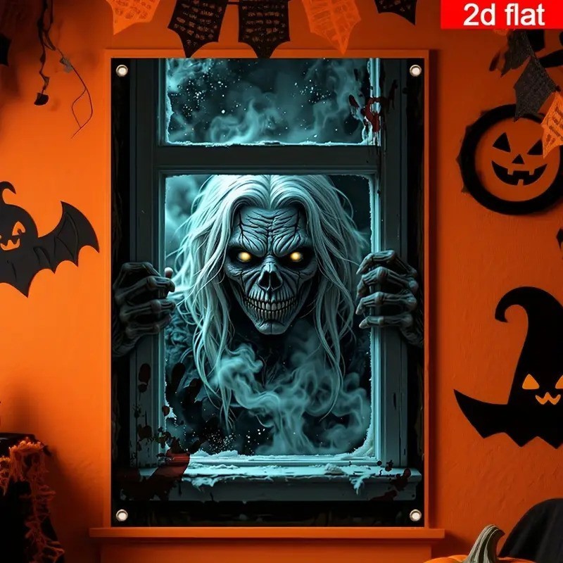 2D Flat Banner Polyester - Haunted Skeleton Window Climbing Spooky Night Scene
