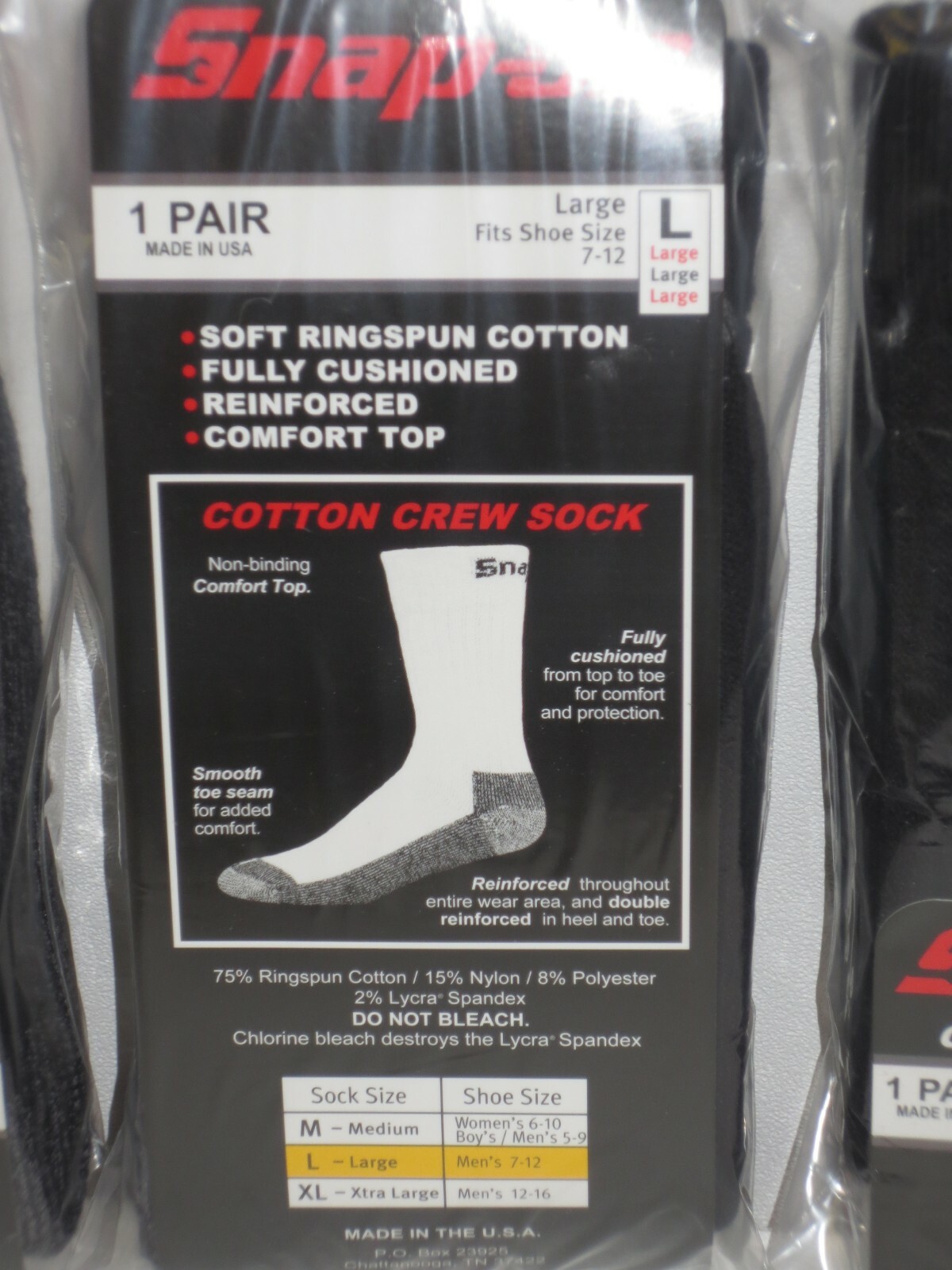 6 PAIRS - Snap-On Crew Socks Men's BLACK - LARGE ~ FREE SHIP ~ MADE IN USA *NEW*