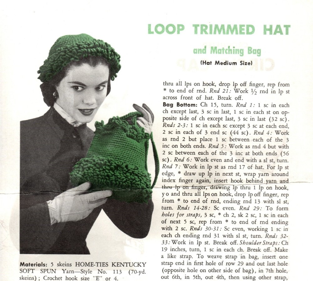 Vintage LOOP TRIMMED HAT & MATCHING BAG / CIRCLE CAP & BAG Crochet Pattern