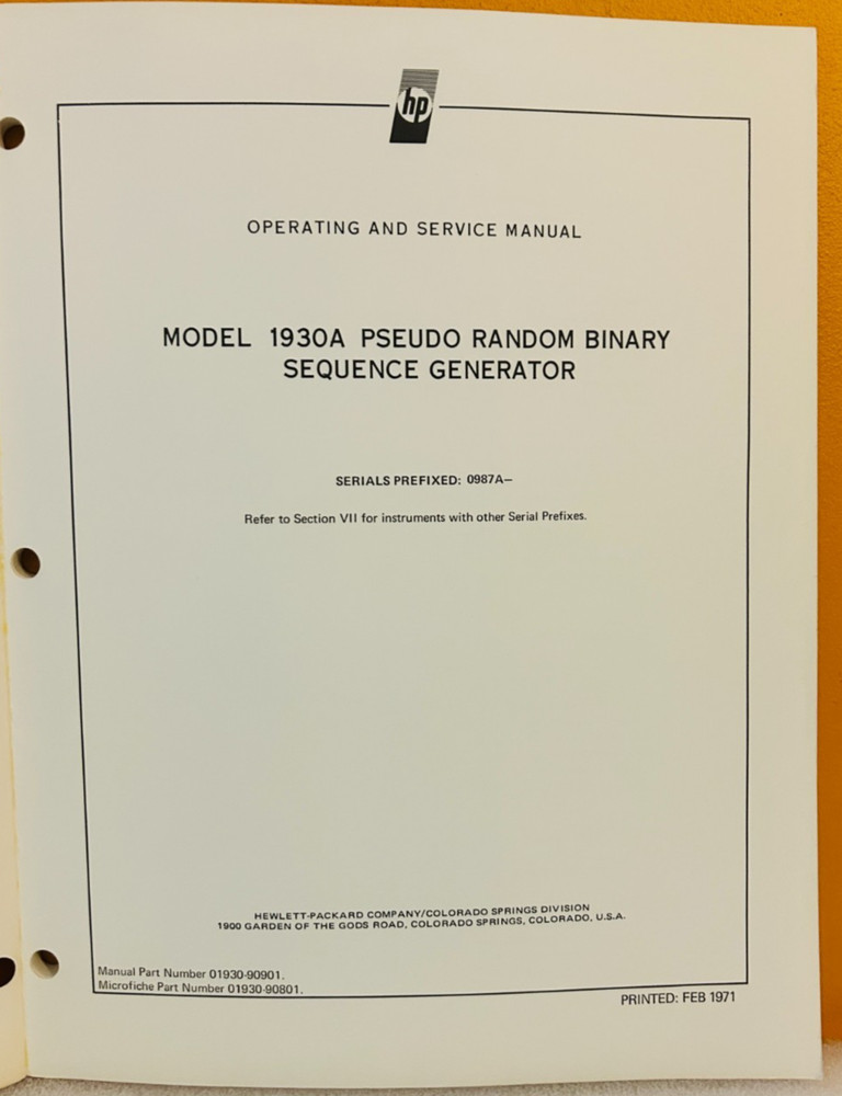 HP 01930-90901 1971 Model 1930A Pseudo Random Binary Sequence Generator Manual.