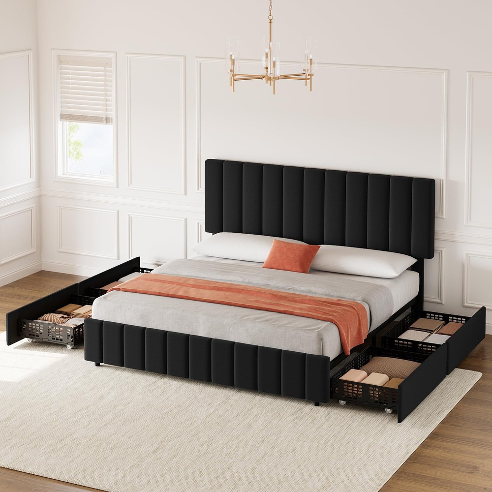 Bed Frame Queen Size with 4 Drawers Modern Linen Upholstered Platform