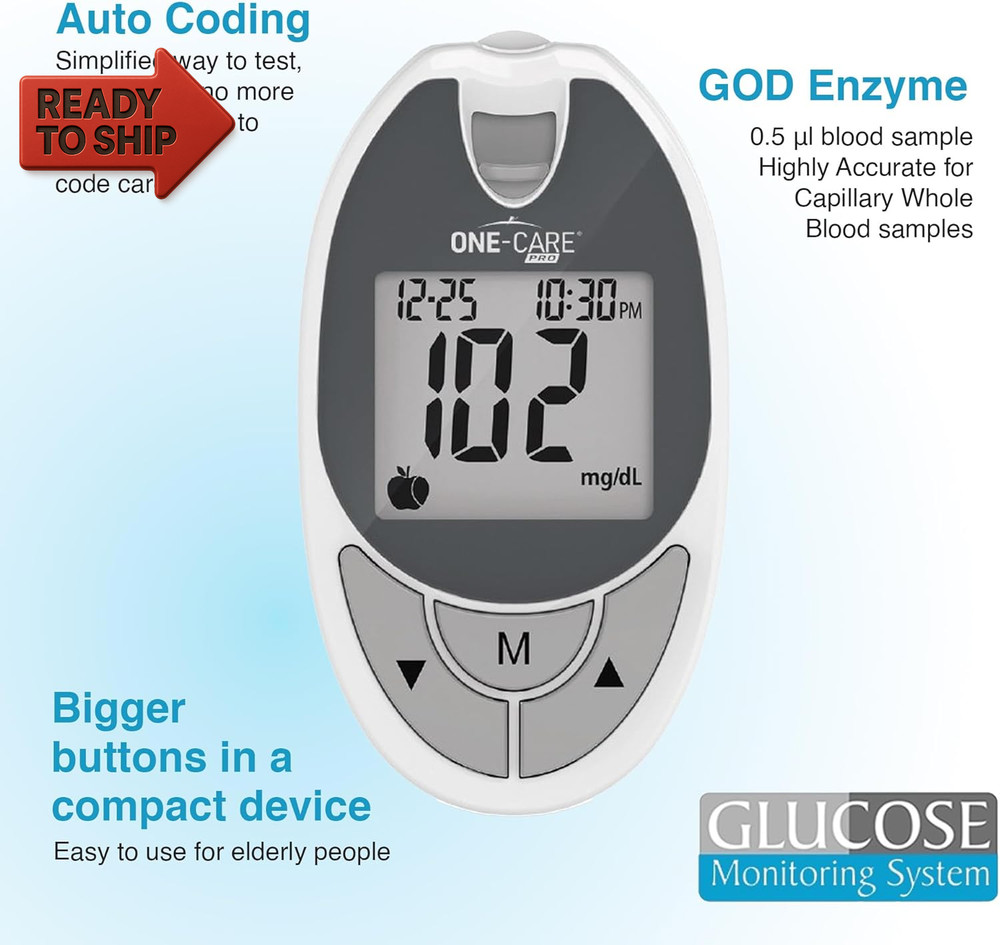 ONE-CARE Glucose Monitoring System with Glucometer, 10 Test Strips, Lancing Dev