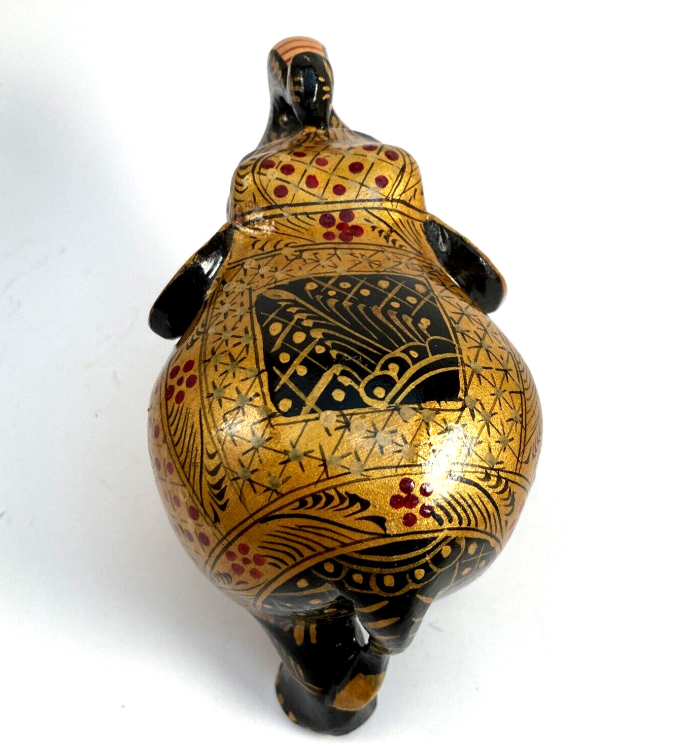 Wooden Trunk Up Elephant Figure Handpainted Gold Highlight Designs MISSING TUSKS