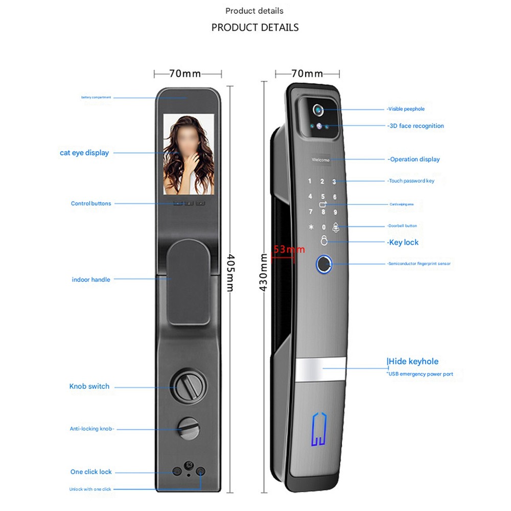 Smart Door Lock 3D Face Recognition Camera FingerPrint Password Security LockJp