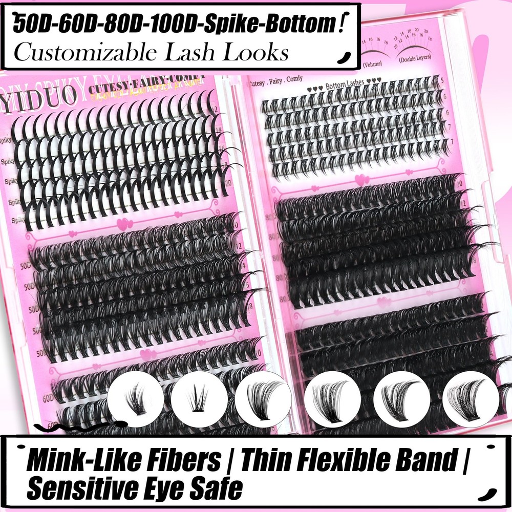 Lash Clusters Kit with Spikes+Bottom Lashes Extensions 40D+60D+80D+100D Wispy...