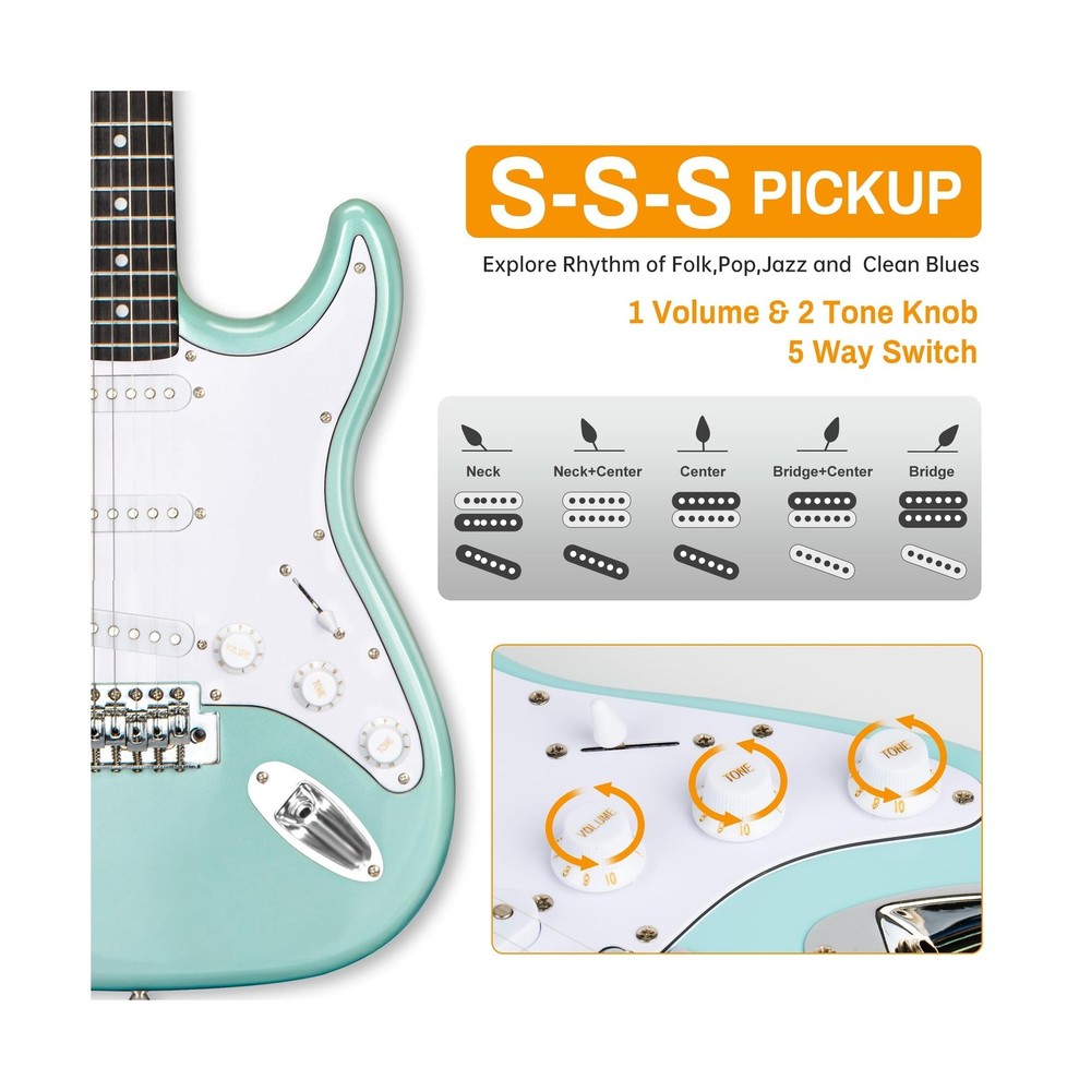 MOSEN MS-CS50 Full Size Beginner Electric Guitar, 39 Inch Solid Body & Maple ...