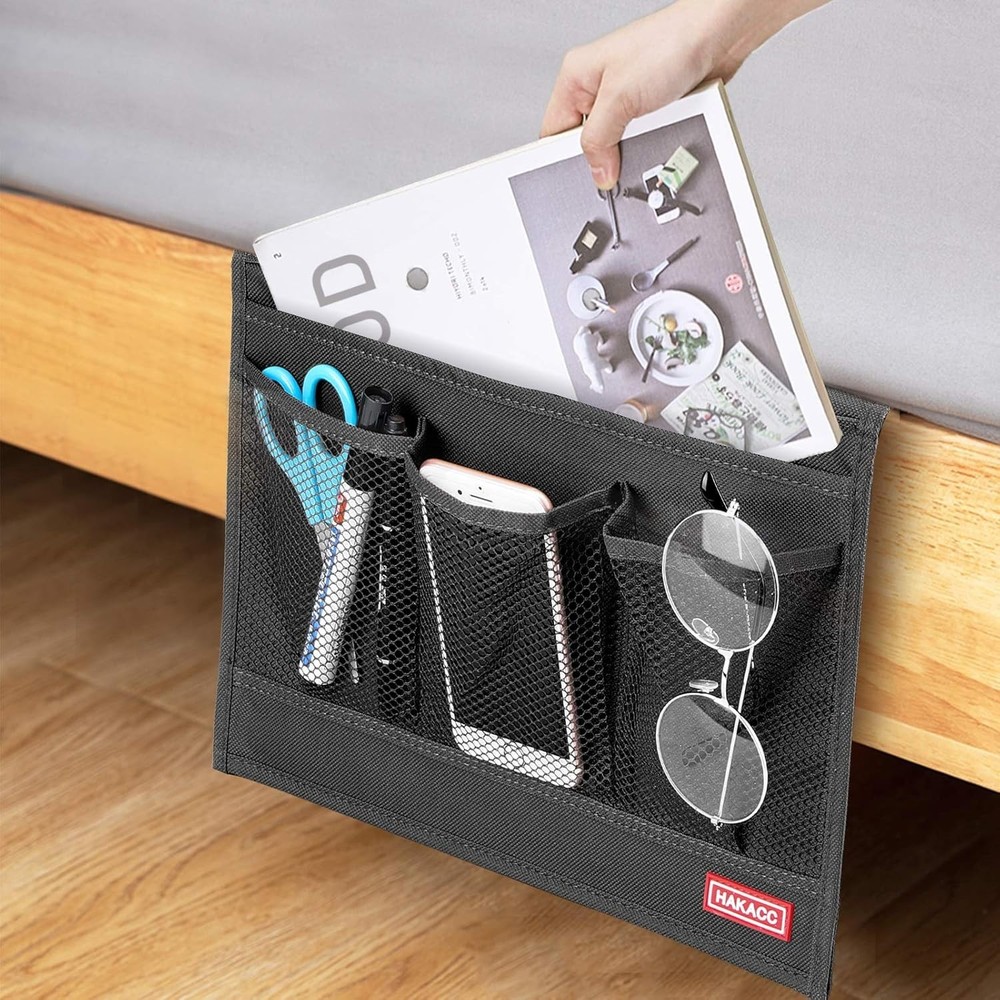 Functional Bedside Caddy in Black Linen - Perfect for Remote & Gadgets