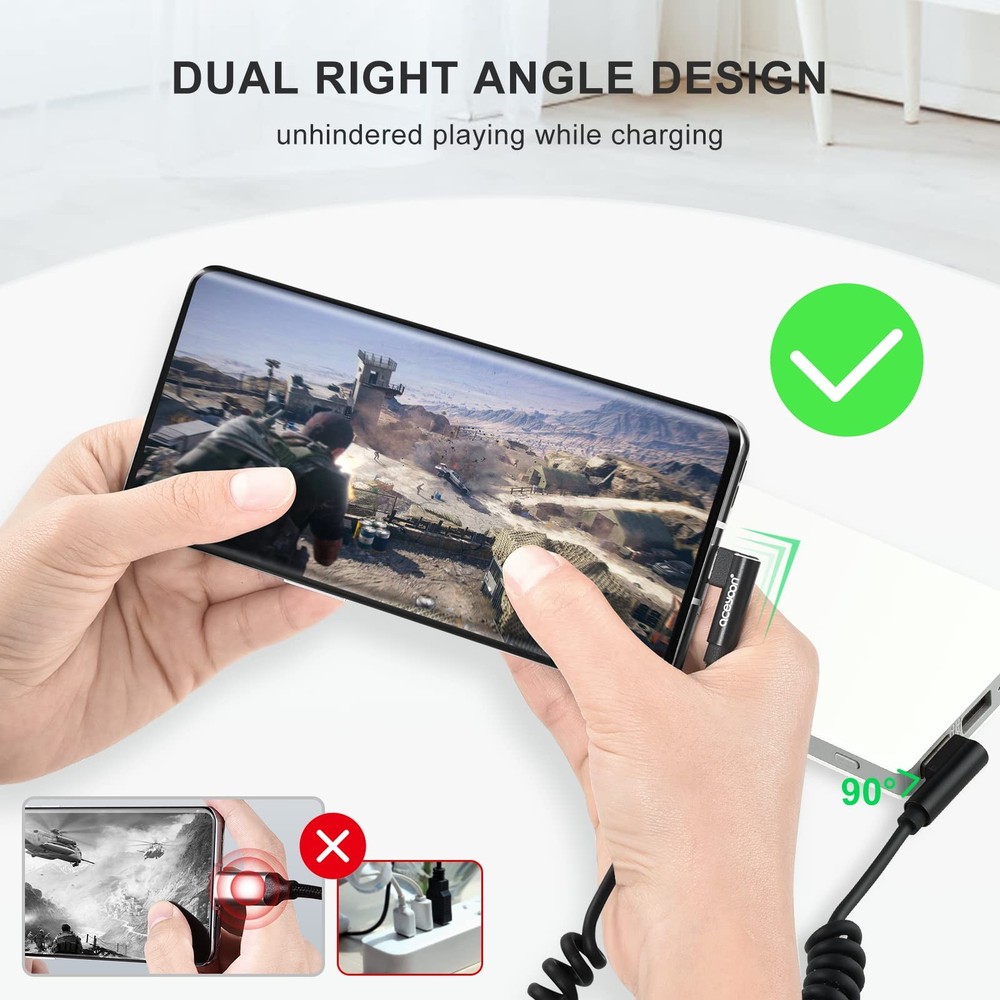 aceyoon USB to C Cable, 90 Degree Right Angled Coiled A C, 1 Pack