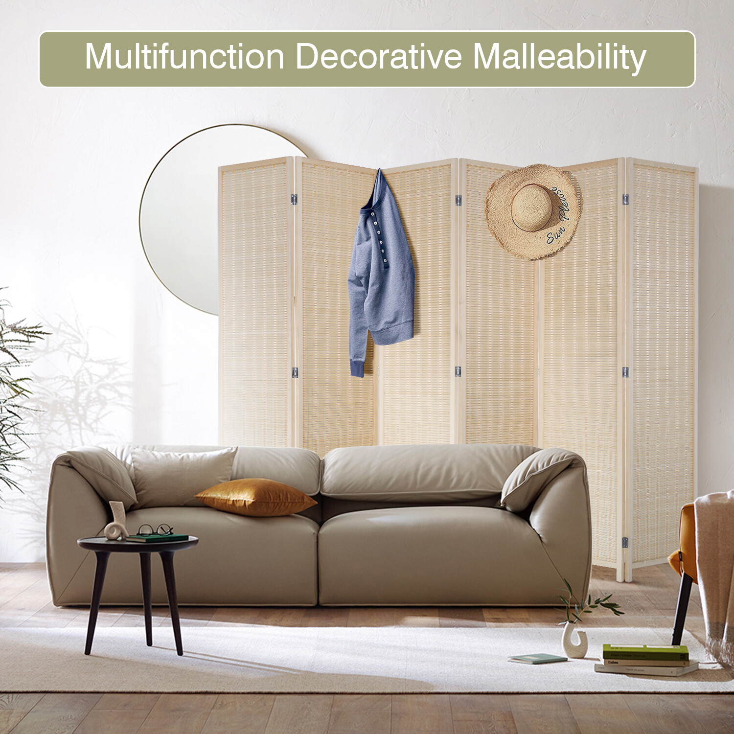 6 Panel Bamboo Room Divider, Folding Privacy Wall Divider Freestanding Partition