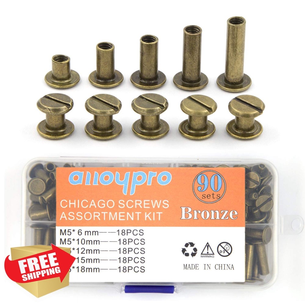 Chicago Screws Rivets Kit 5 Sizes Bronze Leather Binding Posts (90 Sets)