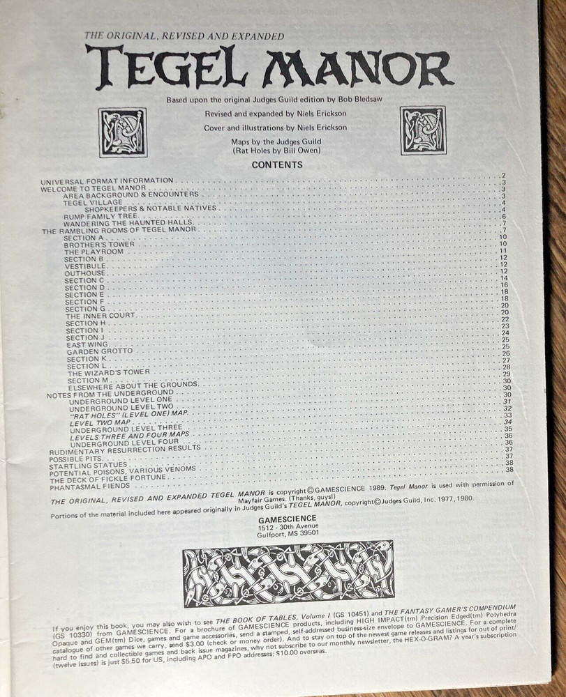 Tegel Manor Paperback (1989 Gamescience Edition) - Classic RPG Module (no maps)