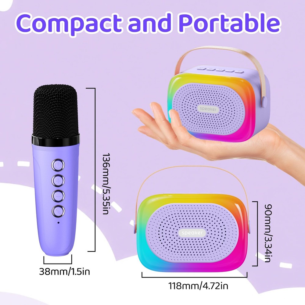 Mini Karaoke Machine with 2 Bluetooth Wireless Microphones & LED Lights - Fun