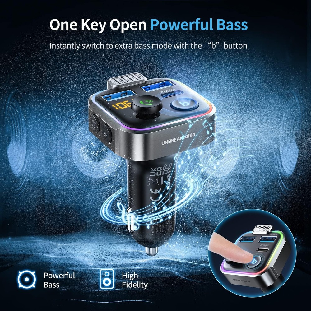 UNBREAKcable Bluetooth FM Transmitter for Car, PD 38W Fast Charging, Wireless...