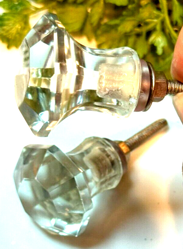 4; Glass Cabinet Knobs Clear Glass Drawer Pulls Depression Era Style w/Hardware