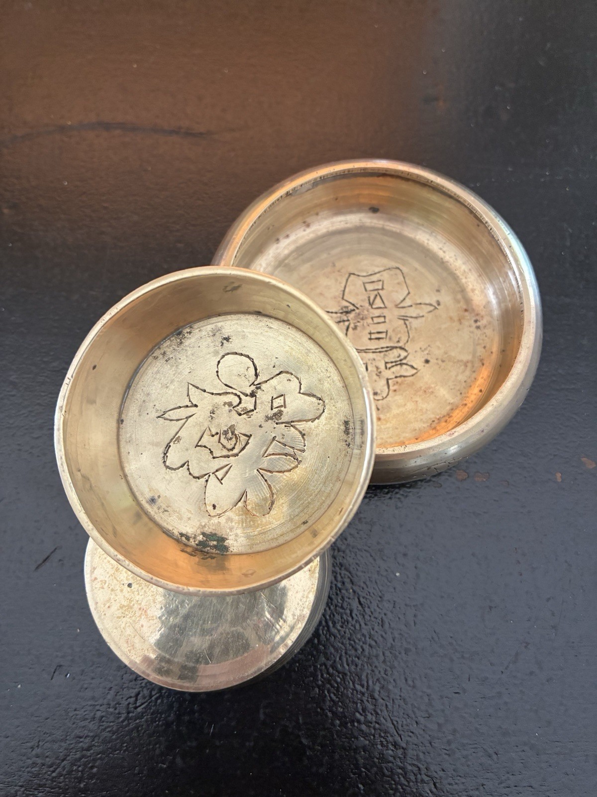 3 Vintage Chinese Bronze Mini Nesting Dishes / Detailed Dragon Etched Motif