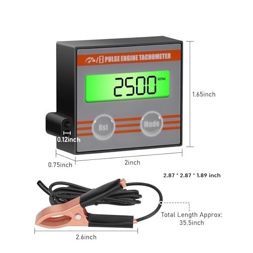 Inductive Digital Engine Tachometer with Clip - Mini Gauge, Hour Meter & Backlig