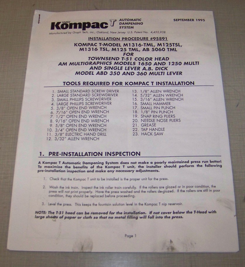 Varn Kompac T for a Multi 1650 Printing Press T-Head