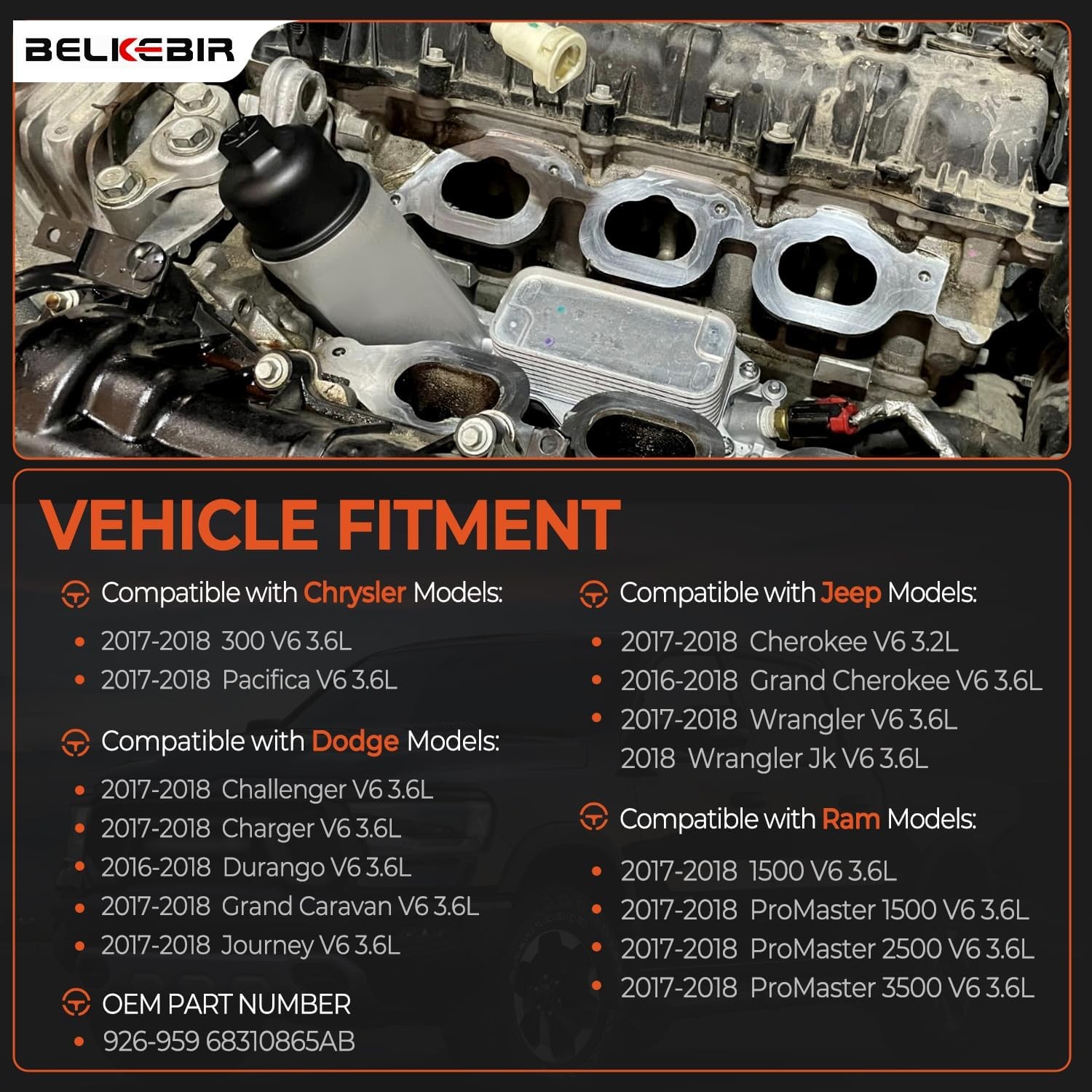 Aluminum Engine Oil Cooler Filter Housing For 17-18 Dodge Jeep Chrysler Ram 3.6L