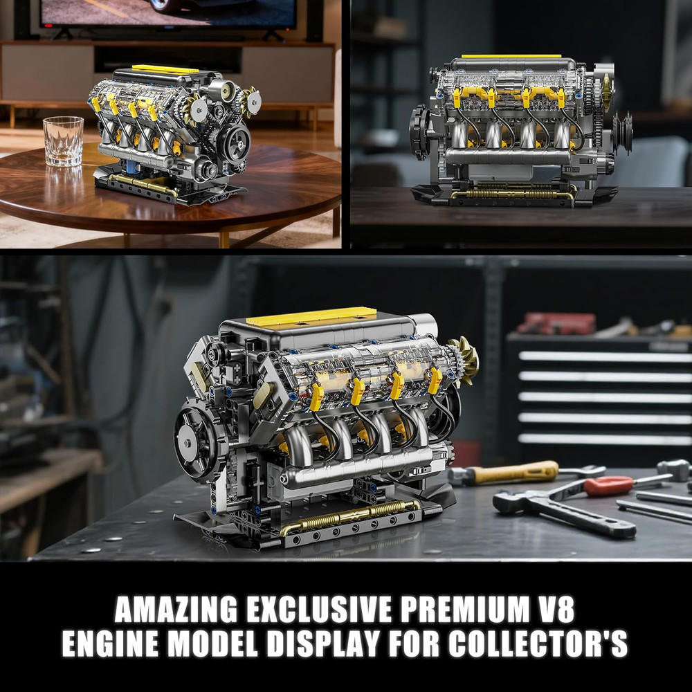 V8 Engine Model Kit That Runs, Visible Mini Car Motor Building Blocks Set for Ad