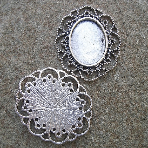Cameo Cabochon Base  Settings Antique Silver- 3pcs.