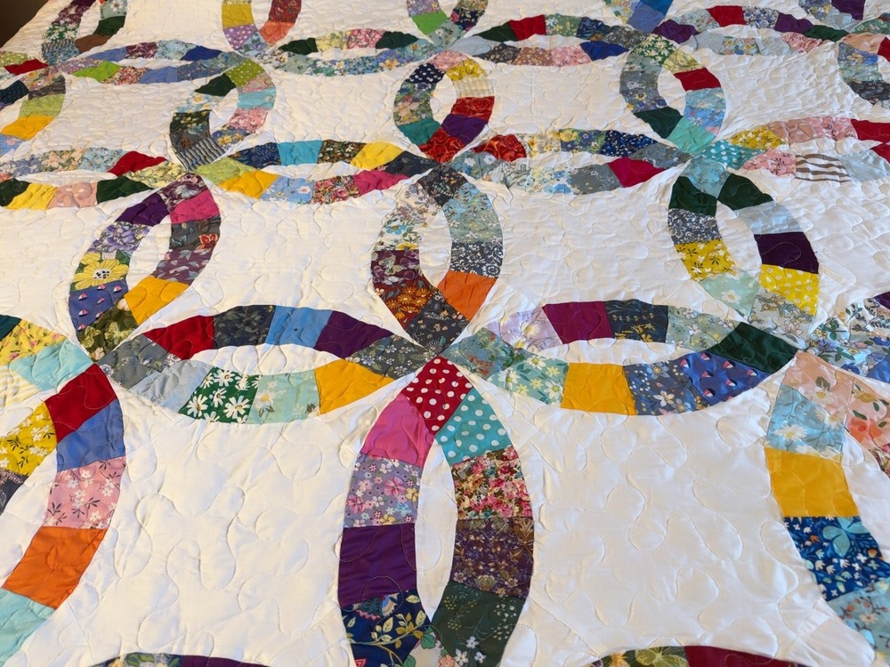 Double wedding Ring king machine pieced &quilted quilt#3-27A