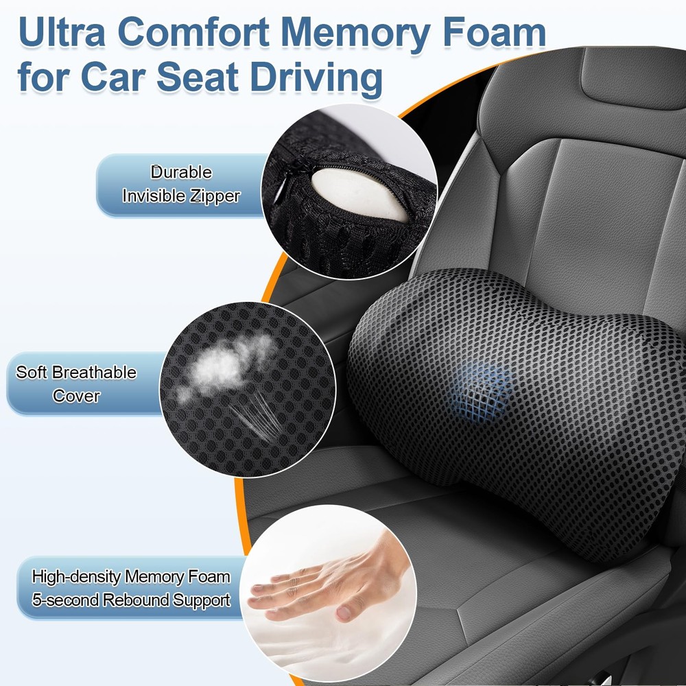 Lumbar Support Pillow for Car, Ergonomic Back Cushion with Strap, Memory Foam...
