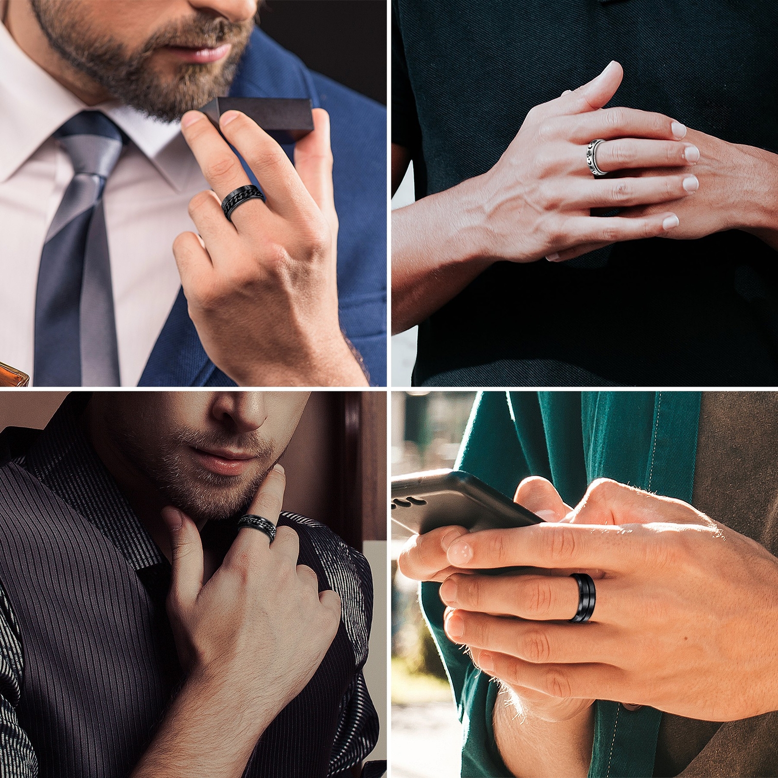 6pcs Men Anti-Anxiety Spinner Fidget Ring Band Set Stress Relief Stainless Steel