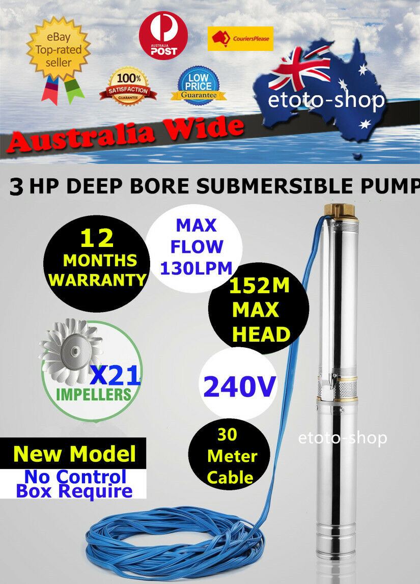 New Model 3 HP S/Steel Submersible Bore Water Pump with 30M Cable
