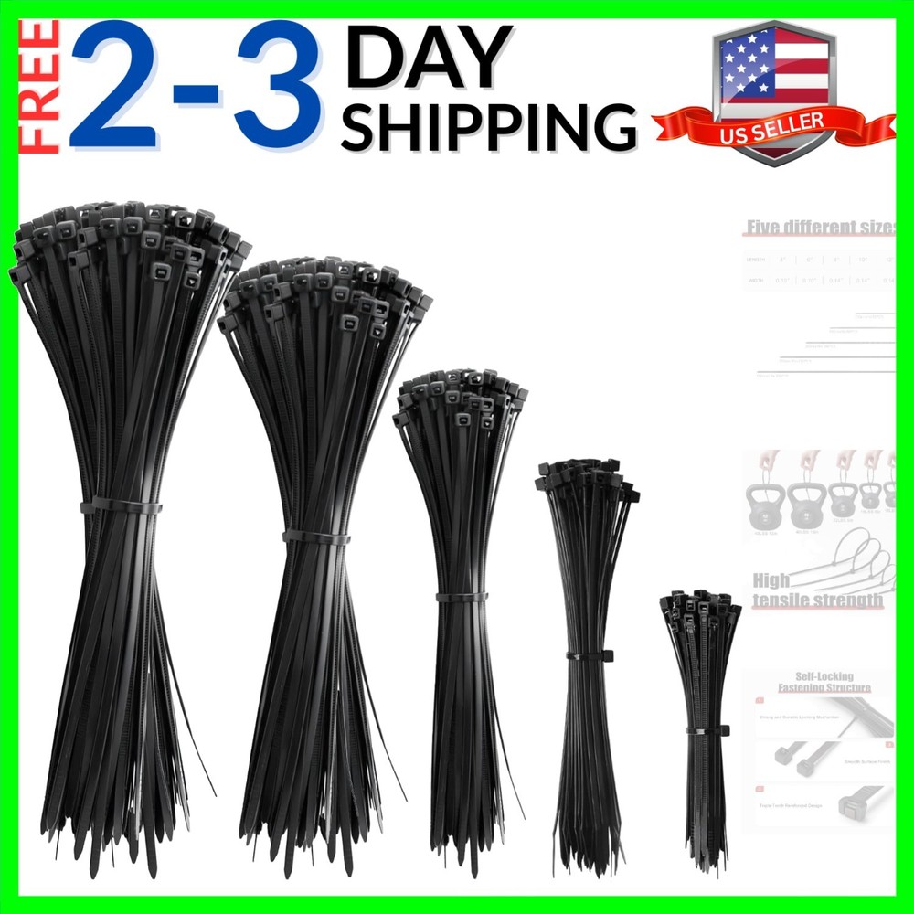 Cable Zip Ties 600 Pack BLACK Assorted Sizes 4 6 8 10 12 inch Multi-Purpose S...
