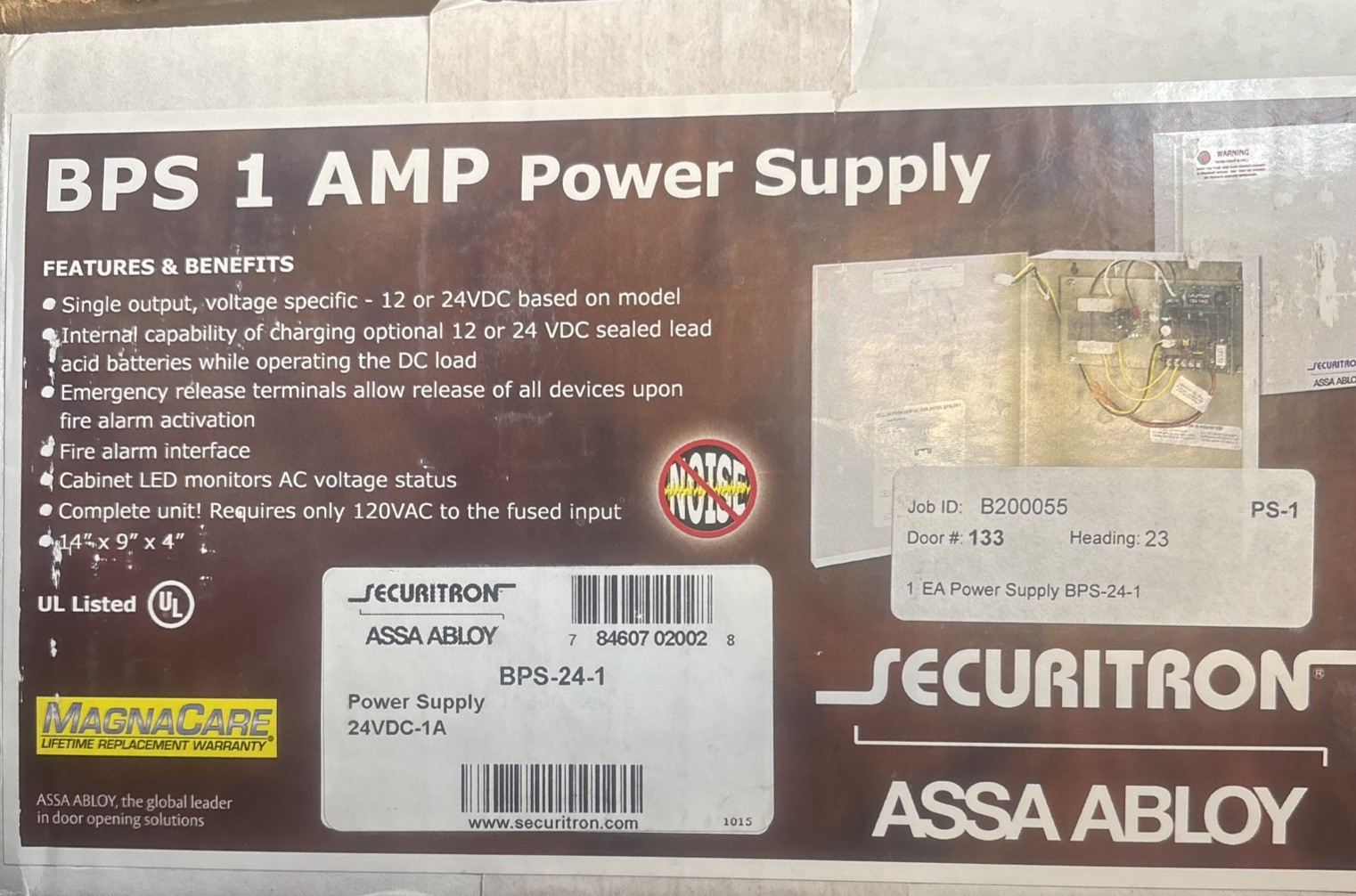 NIB Securitron BPS-24-1 Power Supply, 24VDC 1A, w/ Enclosure, Regulated,Filtered