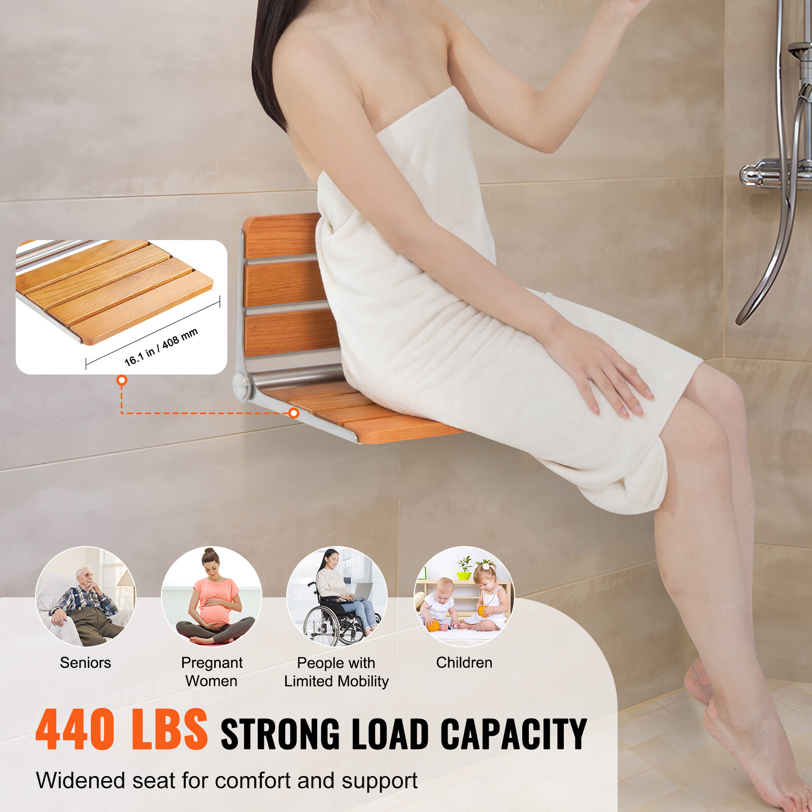 VEVOR 16" Folding Oak Shower Seat Wall Mounted Shower Bench 440lbs Rust-proof