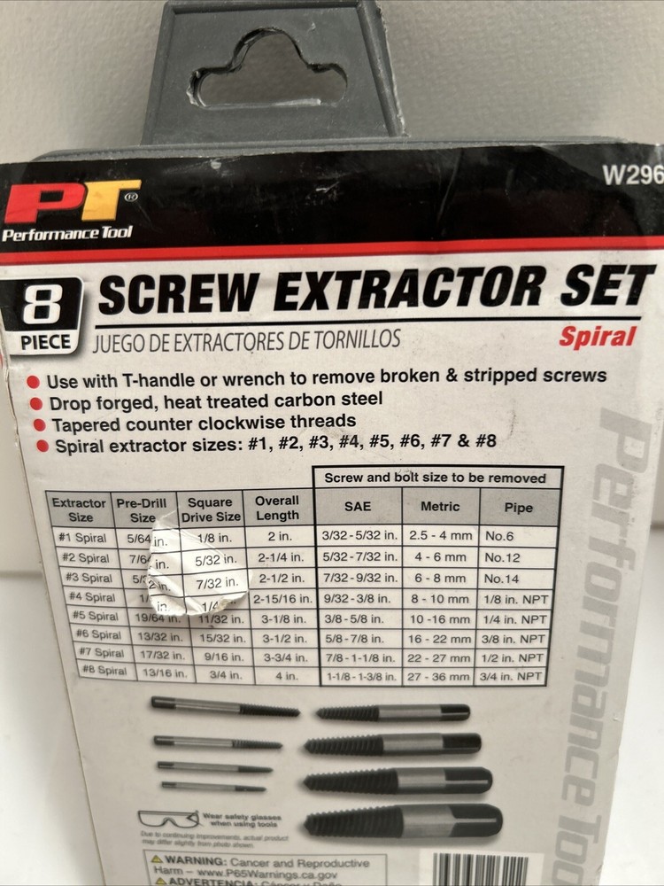 Performance Tool W2968 8 Piece Screw Extractor Set, New