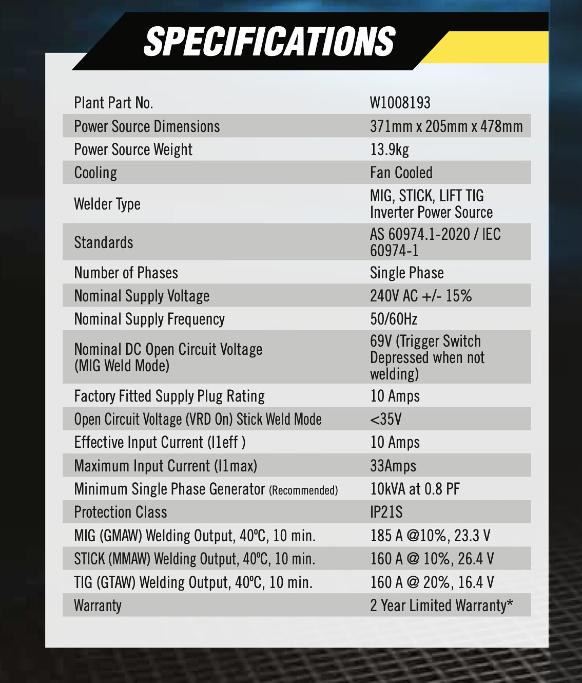 Cigweld Weldskill 185 LCD Welder, Mig Torch & Tig Torch Stick 185LCD W1008193