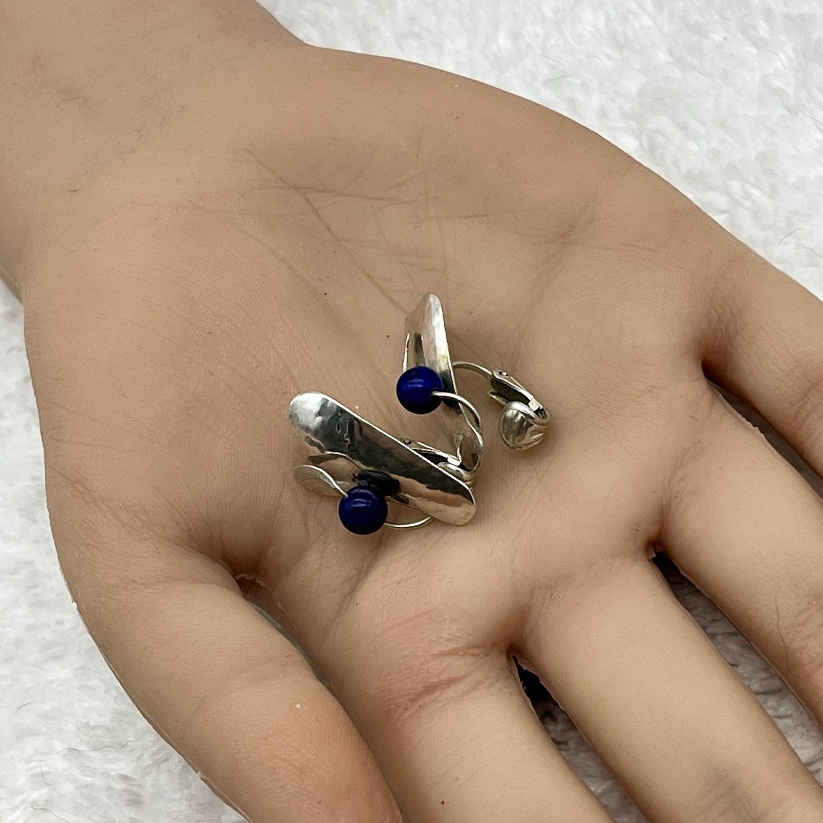 Sterling Silver Jewelry Set Brooch Earrings Lapis Modernist Signed Jean Newlin